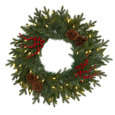 Christmas Wreath with LED Lights, Berries and Pine Cones