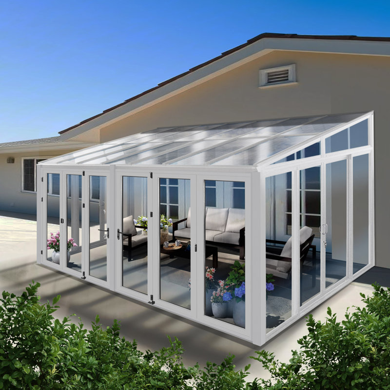 16.7' x 9' Real Tempered Glass Sunroom with Retractable Bi-Fold Doors – Modern Greenhouse Patio Addition, White
