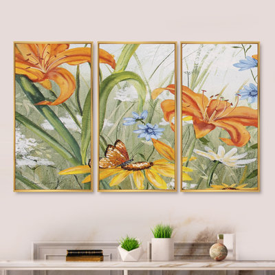 Orange Wildflowers In The Meadows II - Cottage-Floral Framed Canvas Wall Art Set Of 3 -  Design Art, FL25388-3P-GD