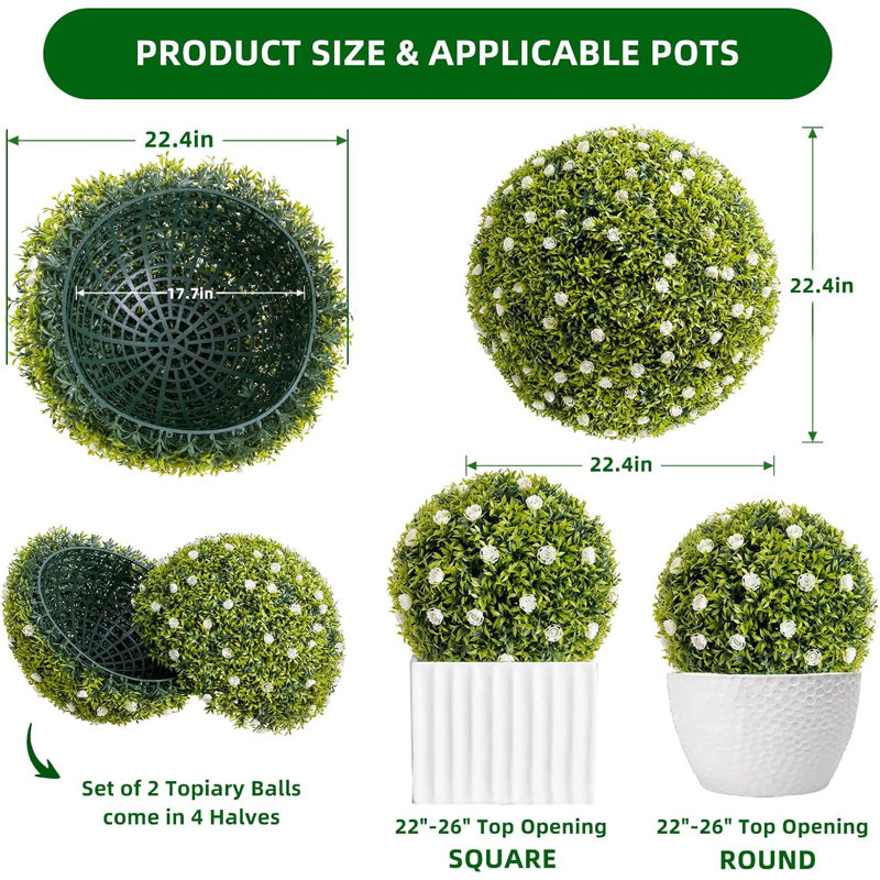 Paquet de 2 boules topiaires artificielles en buis avec fleurs rouges - Faux verdure réaliste pour porche, patio, balcon