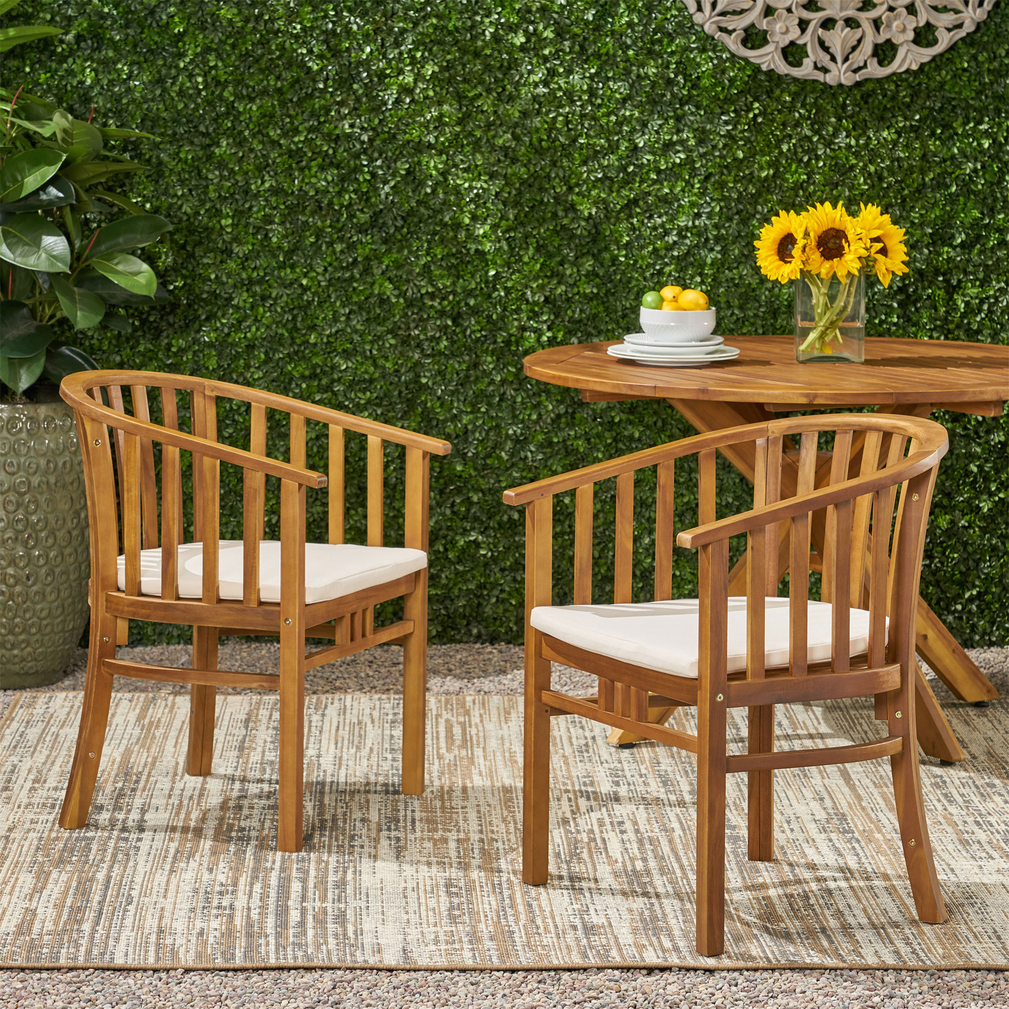 Outdoor Wooden Dining Chairs With Cushions, Set of 2, Cream, Teak Finish