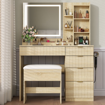 Vanity Desk With Large Mirror And Led Lights,Makeup Vanity Table Set With 5 Drawers & Chair,Fluted Dressing Table With Hair Dryer Holder And Adjustabl