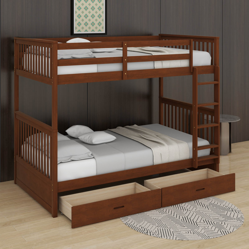 Twin Over Twin Bunk Bed With Ladders And Drawers, Walnut