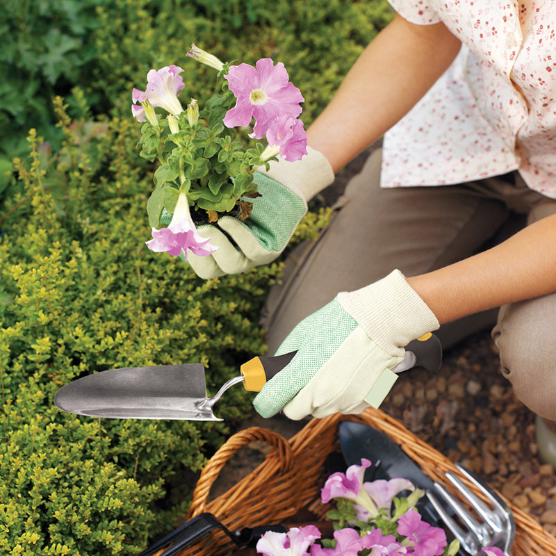 Outils à main de jardin et pot à fleurs en résine grise