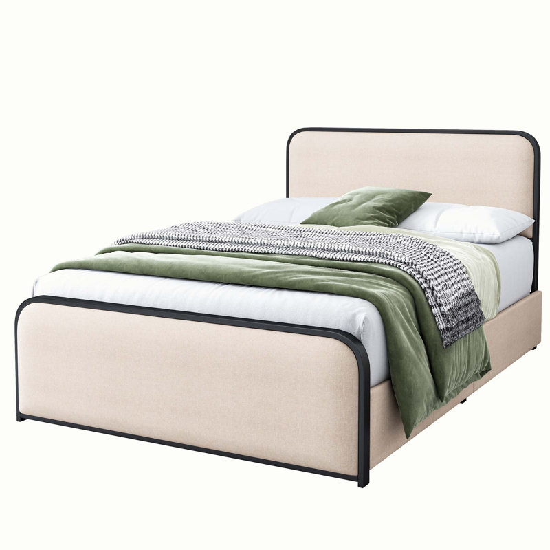 Structure de lit moderne en métal avec tête de lit et pied de lit rembourrés courbés avec rangement sous le lit, lattes en métal robustes