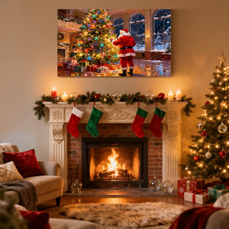«Christmas Santa Decorates Christmas Tree with Lights», ensemble de 3 impressions murales sur toile, H 16 po x l 24 po