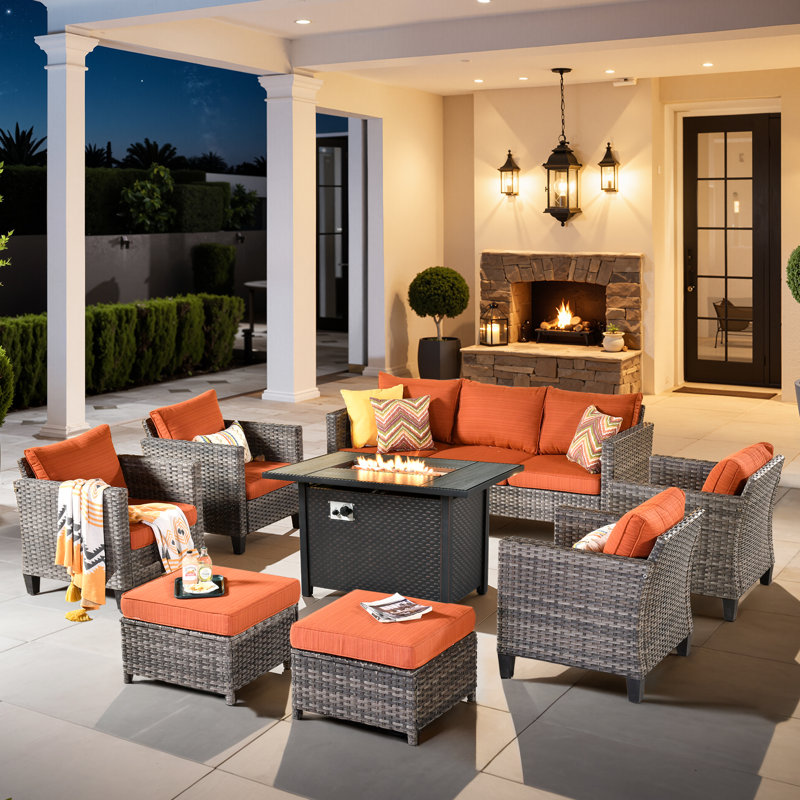 Allcot 7 - Person Wicker/Rattan Patio Furniture Set, Outdoor Fire Pit Sofa Set with Throw Pillows and Comfy Cushions, Orange