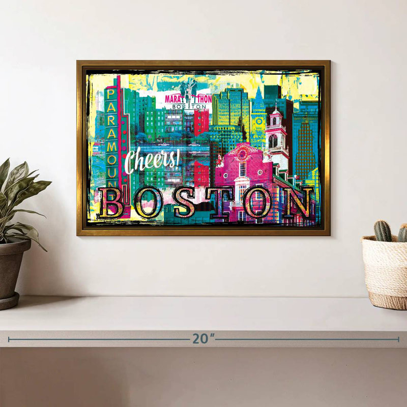 Repères grunge de Boston City, Cadre flottant doré, 13 po x 9 po