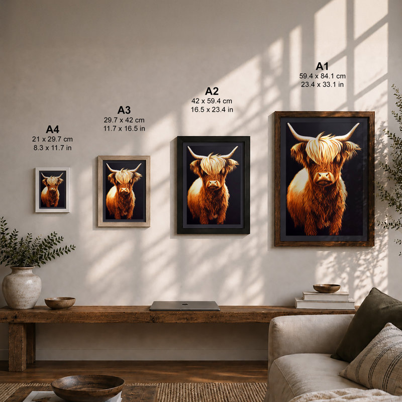 Highland Cattle Portrait Rustic - Print, A2 - 59.4 x 42.0 cm, Black