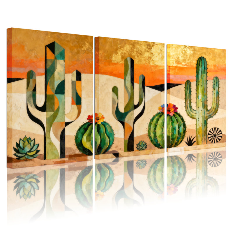 «Cactus Desert Cactus Sunset», ensemble de 3 reproductions d'art sur toile, H 24 po x l 48 po