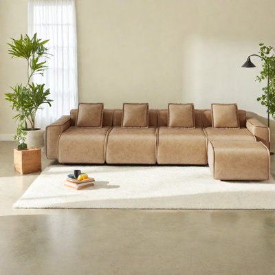 Canapé modulaire spacieux en velours avec repose-pieds mobile brun moderne
