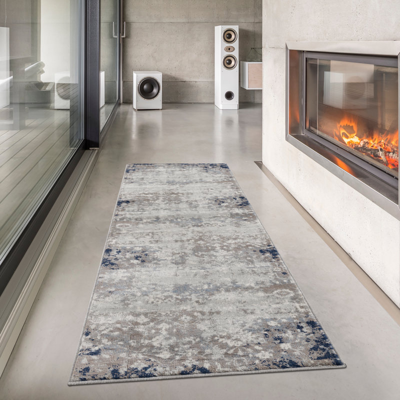 Romulus Navy And Beige Distressed Vines Area Rug, Runner 2' x 13'