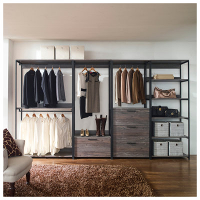 Système de garde-robe Monica Wood - Finition mélamine rustique avec structure en métal thermolaqué, rangement extra profond, unité de rangement résistante à l'eau et à la chaleur
