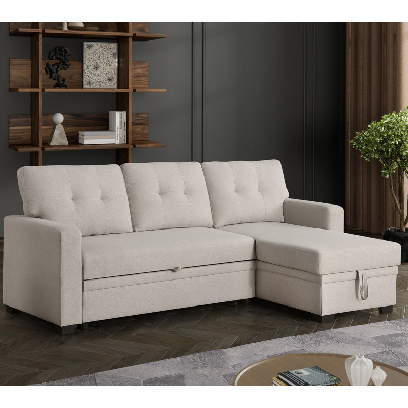 Canapé modulaire convertible rembourré avec méridienne coulissante, Lin beige, Orienté vers la gauche