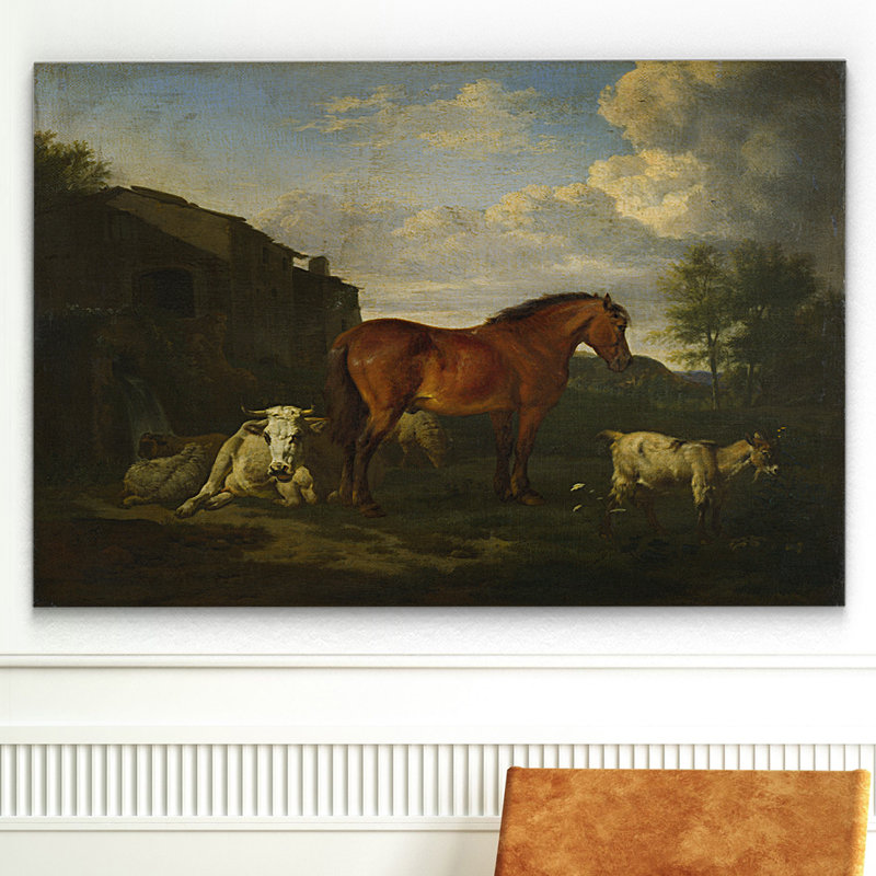 « animaux près d’un bâtiment », impression, H 18 po x l 27 po x P 1,5 po, Pas de tapis, Toile tendue