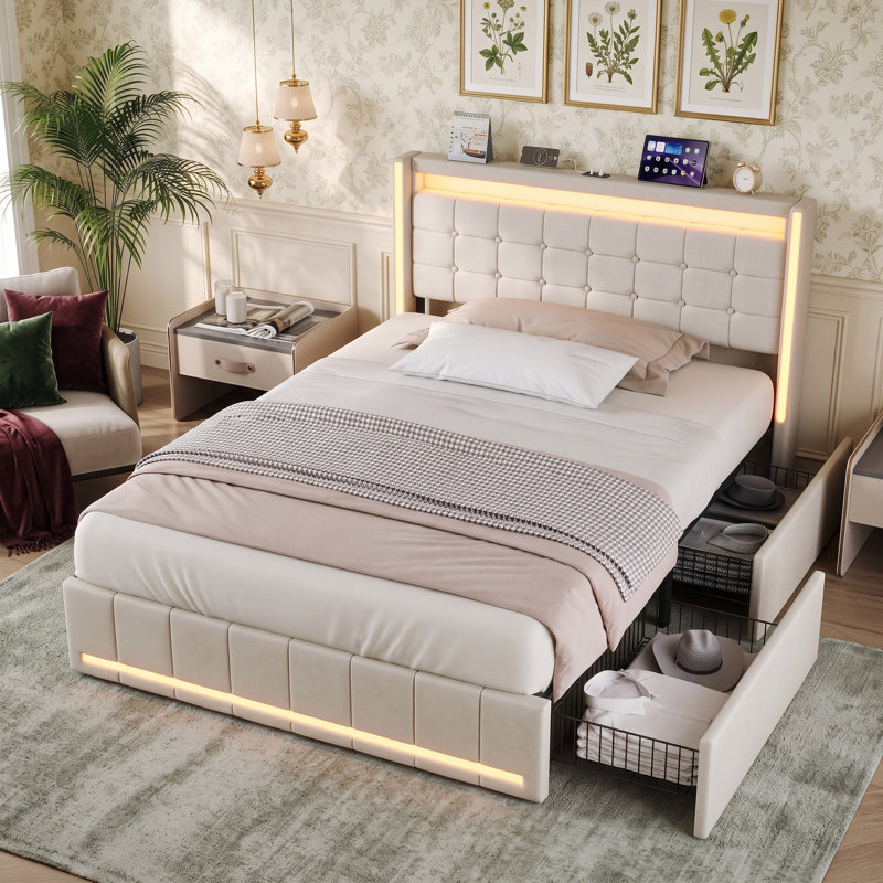 Platform Bed With Drawers Bed, 150*200cm, Beige