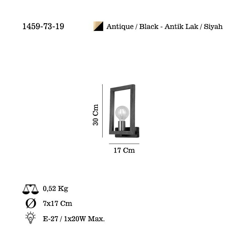 Lampe murale antique 11,8 x 6,3 x 0,8 po Antiquation | Corps en métal durable avec capuchon en bois, hauteur de 30,0 pouces | Douille E27 (40 W maximum, ampoule non incluse) | Éclairage élégant pour la décoration intérieure, indice de protection IP20