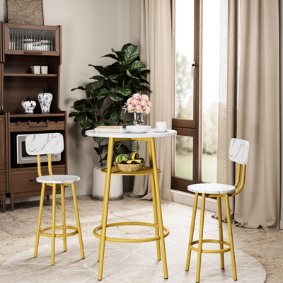 Table et chaises de salle à manger 3 pièces, surface solide, structure en acier pour la durabilité, chaises imperméables, cuisine idéale, ustensiles de bar brun avec 2 tabourets, housse en grain de bois, petite hauteur de comptoir