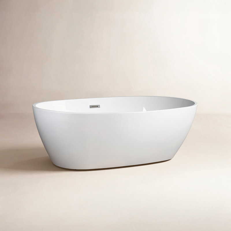 59" x 32" Freestanding Soaking Bathtub, White, Brushed Nickel
