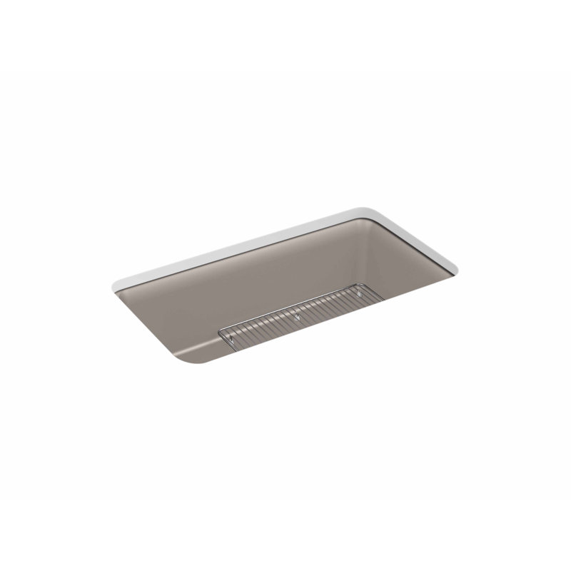 Cairn® 33-1/2" x 18-5/16" x 9-1/2" Under-Mount Single-Bowl Kitchen Sink with Basin Rack, Matte Taupe