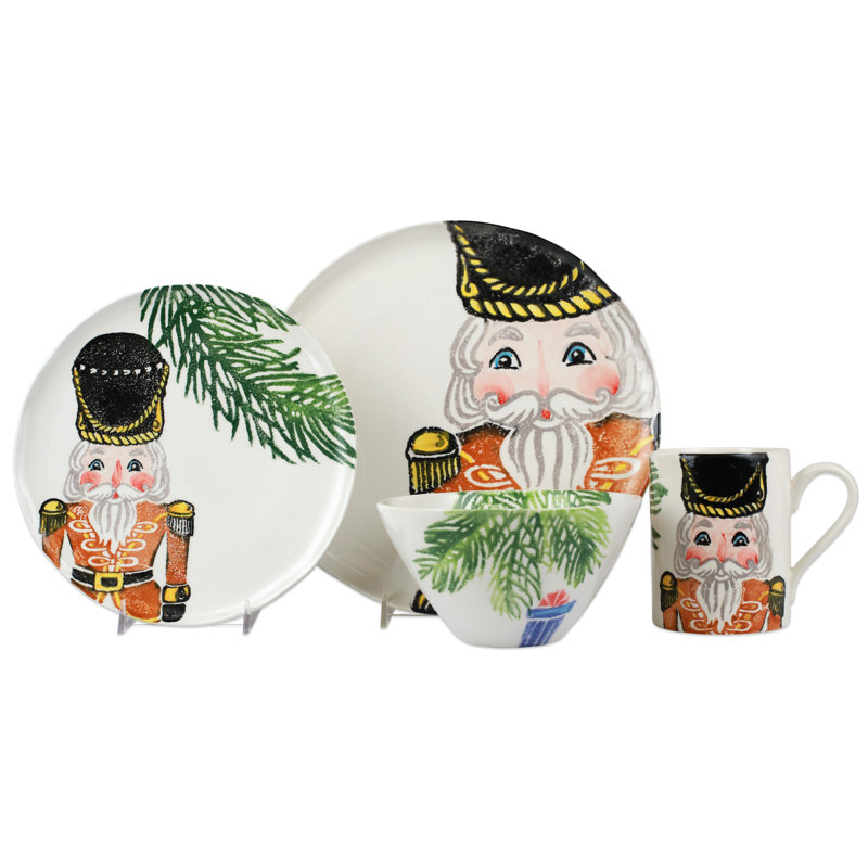 Nutcrackers Handmade Dinnerware Set 4 Piece, Orange/Green/White