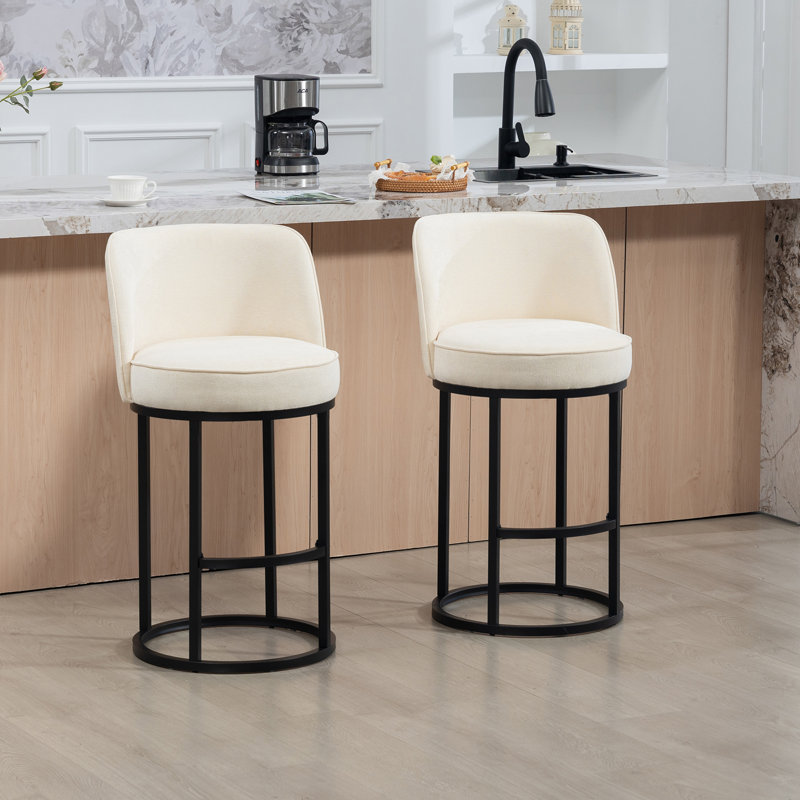 Counter Height Bar Stools Set of 2, Modern Barrel Design with Backrest, Linen Fabric Upholstered for Kitchen Island Comfort