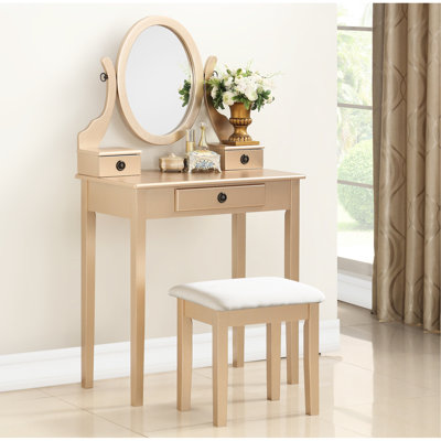 Coiffeuse de maquillage brillante dorée avec tabouret, rangement à 3 tiroirs, miroir ovale réglable et tabouret, tiroirs de rangement,