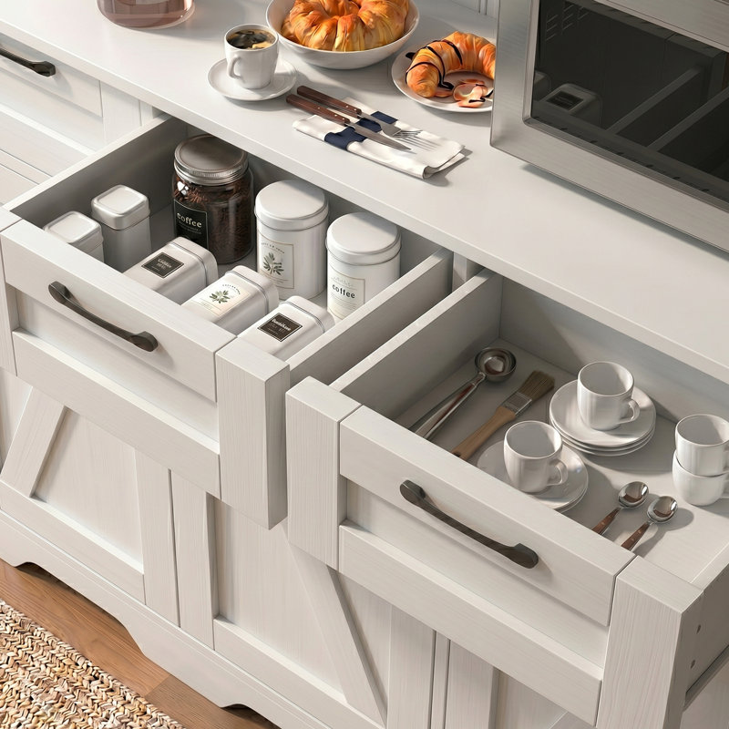Buffet 60 po avec rangement, station de café avec 4 tiroirs et 4 portes de grange, blanc, Blanc