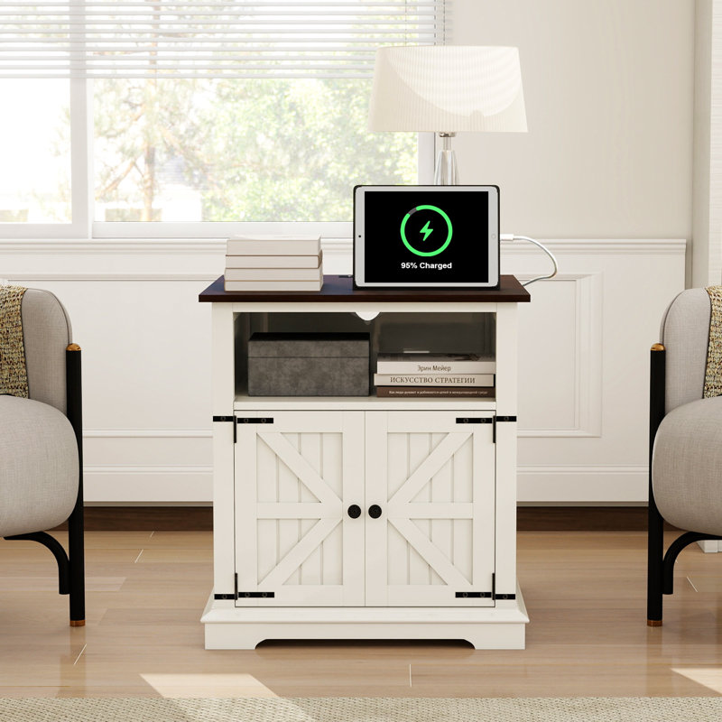End Table With Charging Station, 24" Farmhouse Nightstand With Barn Door(Set Of 2), White