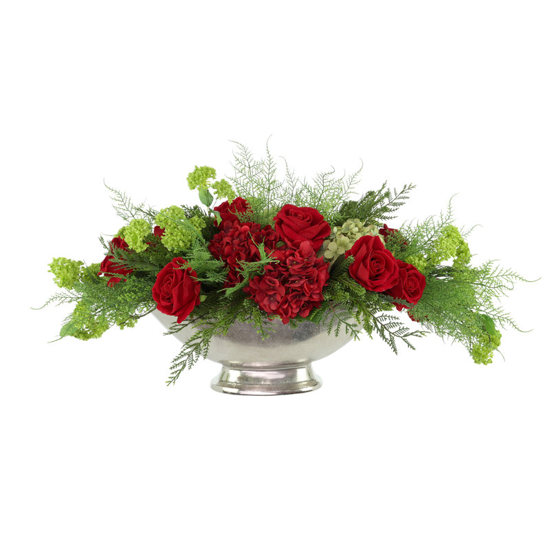 Holiday Centerpiece with Roses and Hydrangeas
