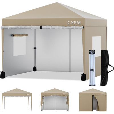 CYFIE 10'X10' Pop Up Canopy Tent with 4 Removable Sidewalls, Portable Instant Outdoor Khaki Shade Canopy Gazebo, Quick Setup Waterproof & Uv-Resistant Tent for Party Beach Patio Camping Vendor Events