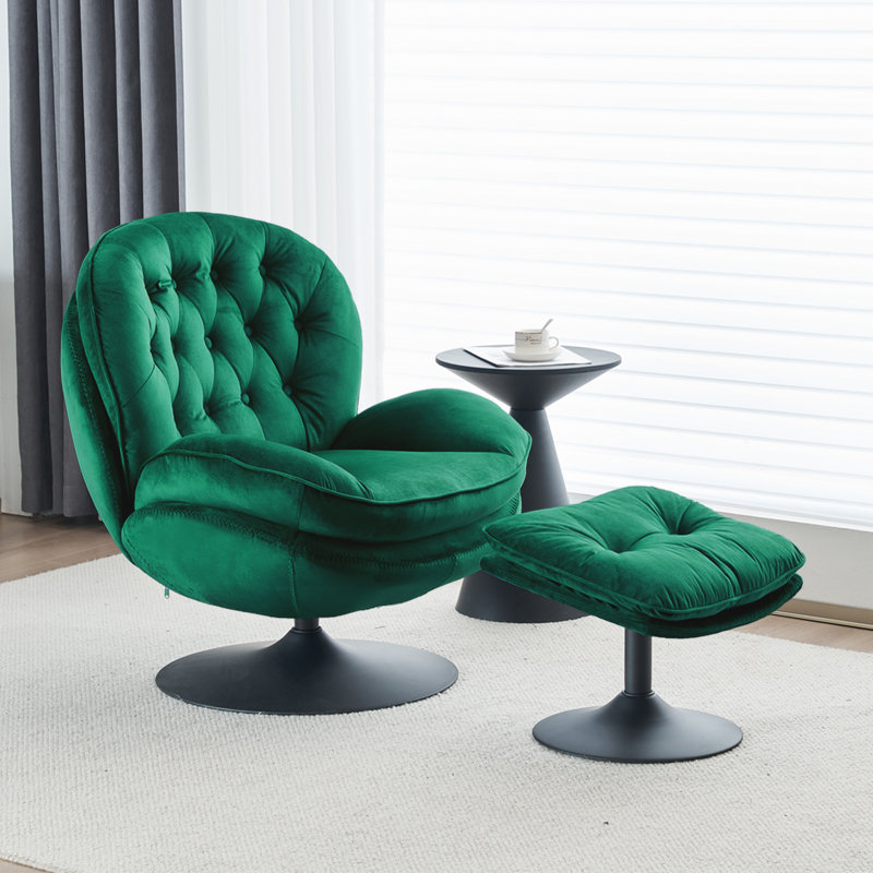 Zenon Velvet Swivel Accent Chair with Ottoman, Green Velvet