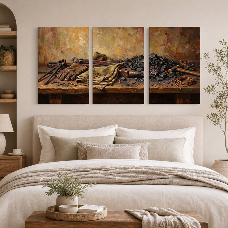 Outils de forgeron sur établi en bois, ensemble de 3 toiles d'art mural, H 18 po x l 12 po x 3 pièces