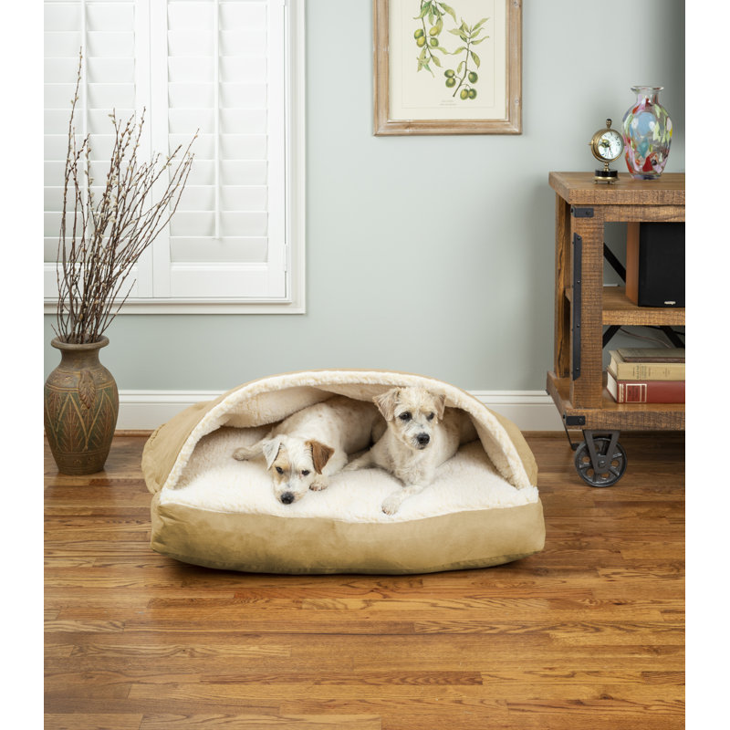 Small Khaki Poly Cotton Hooded Rectangle Dog Bed
