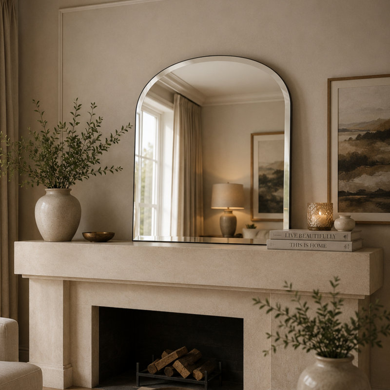 Arch Fernbush Wood Framed Curved Overmantle Mirror, Black