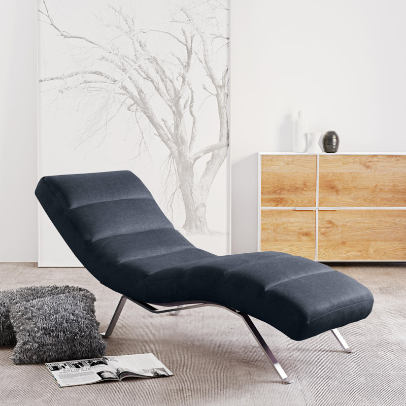 Brixham Upholstered Chenille Fabric Chaise Lounge with Adjustable Back, Navy, Silver
