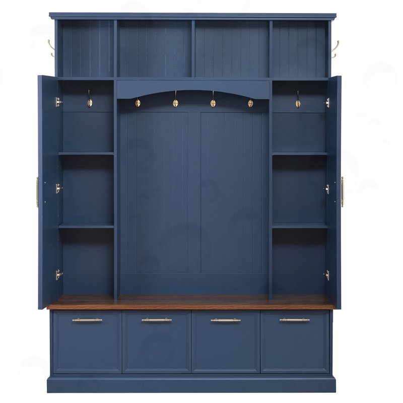 Hall Tree With Hooks And Adjustable Shelves, Blue