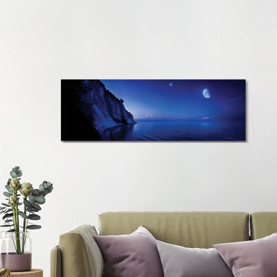 Moon Rising Over Tranquil Sea And Mons Klint Cliffs, Denmark. by Evgeny Kuklev - Wrapped Canvas Panoramic Gallery-Wrapped Canvas Giclée