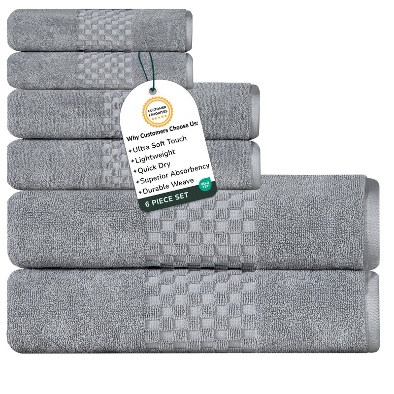 6 Piece 100% Cotton Towel Set | Combed Cotton Bath Towels, Hand Towels & Washcloths | 625 GSM Super Absorbent, Quick Dry, Plush, Double Stitched