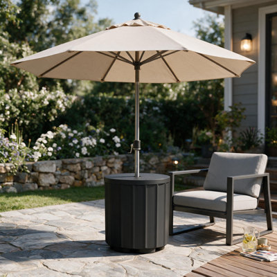 14.8" 2-in-1 Patio Umbrella Base & Round Outdoor Side Table - Heavy Duty Fillable Stand (Water/Sand), Weather-Resistant Fluted Design for Deck, Pool & Balcony, Black