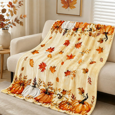 Cozy Autumn Harvest Pumpkin Maple Leaf Throw Blanket, Soft Flannel Lightweight Plush for Sofa Couch Bed Living Room Home Decor, All Season Decorative