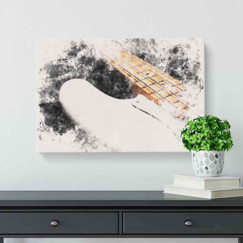 Strings of a White Bass Guitar - Wrapped Canvas Graphic Art Print, 40cm H x 60cm W x 3cm D