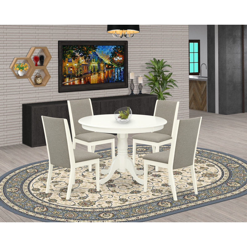 5 Piece Dining Set Includes a Round Dining Room Table with Pedestal and 4 Shitake Linen Fabric Upholstered Parson Chairs, Linen White