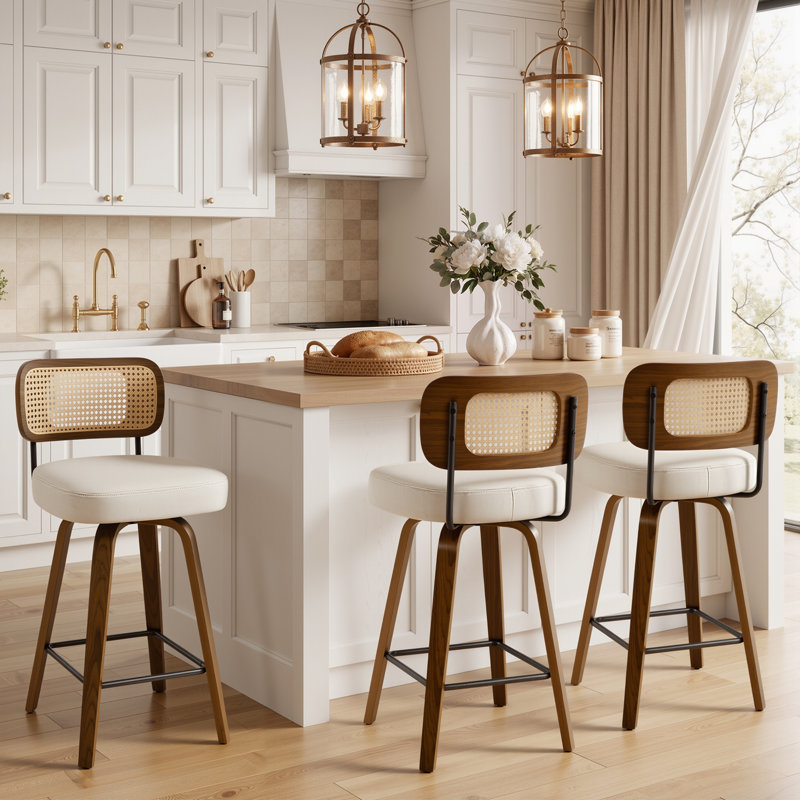 Adianey Swivel Upholstered Rattan Back Counter & Bar Stool, White, Counter Stool (26" Seat Height), Brown