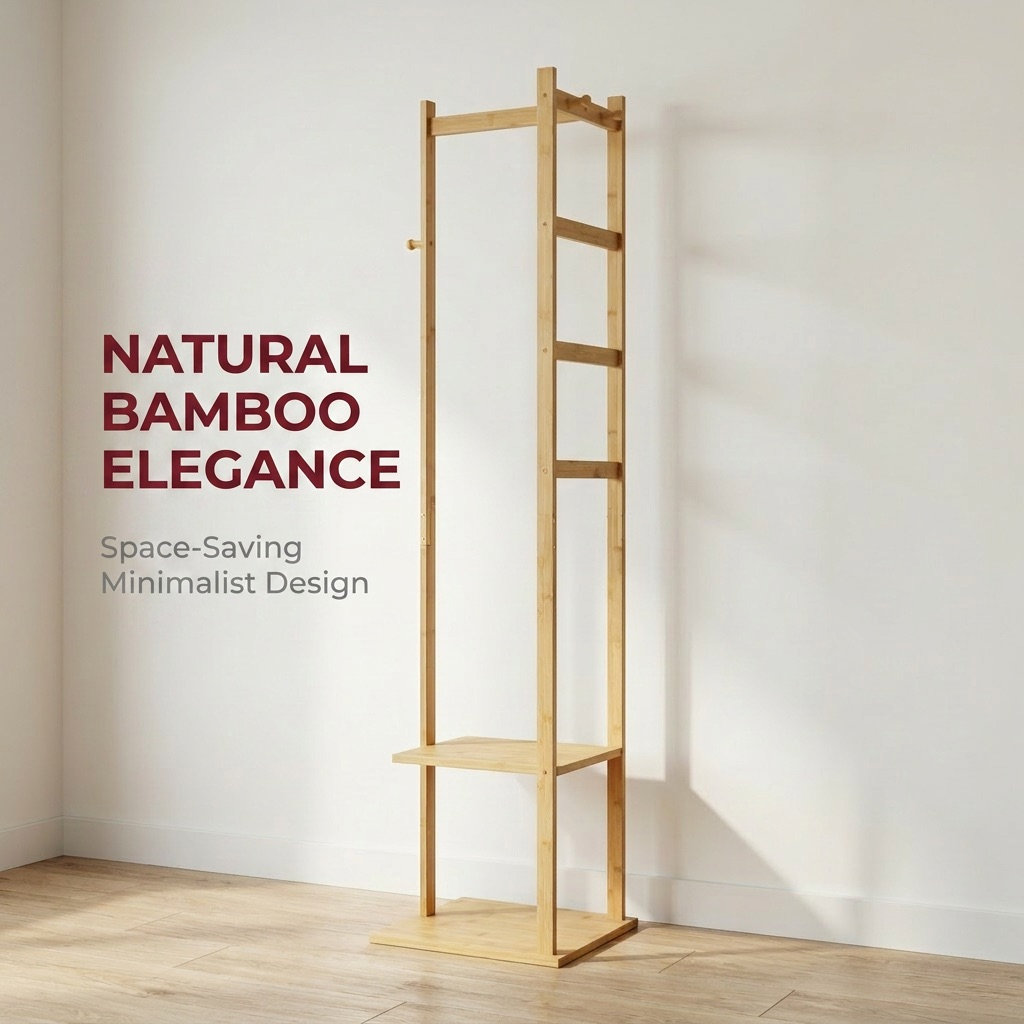 Dulles Bamboo Wooden Coat Rack Freestanding Coat Stand Hanger Hat Shoe Organiser Entryway Hallway Furniture