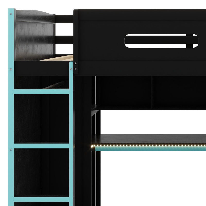 Lit mezzanine en bois avec bureau, garde-robe, grand espace de rangement et lumière DEL RVB, Bleu nuage