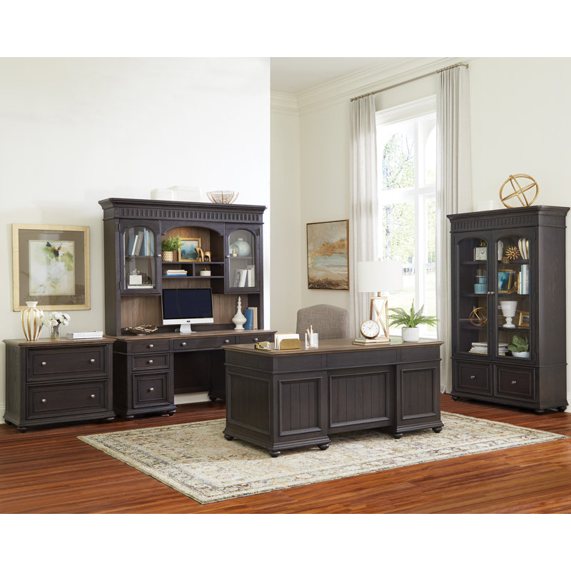 Black Oak Executive Desk with Drawers and Filing Cabinet