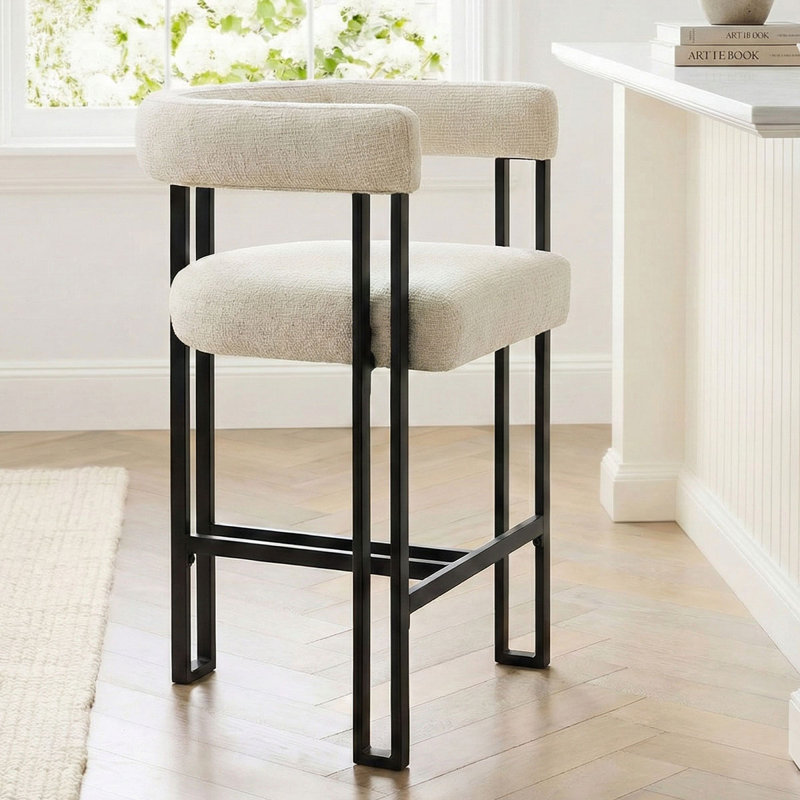 24" Upholstered Tweed Solid Back Counter Stool, Beige
