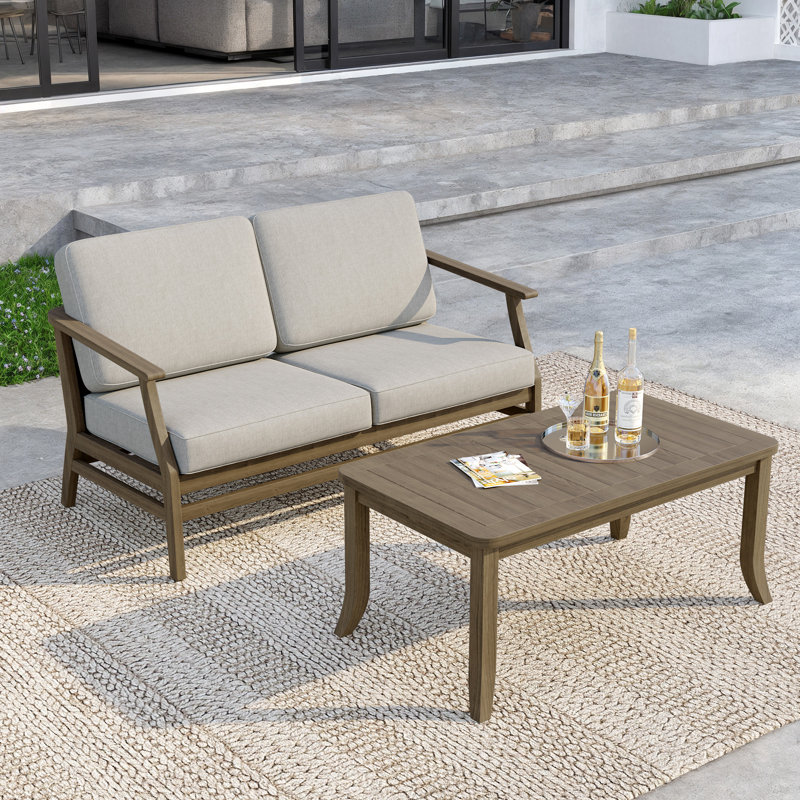 Polett Teak Outdoor Two-person Patio Set With Cushions And Side Table, Light Camel, Brown