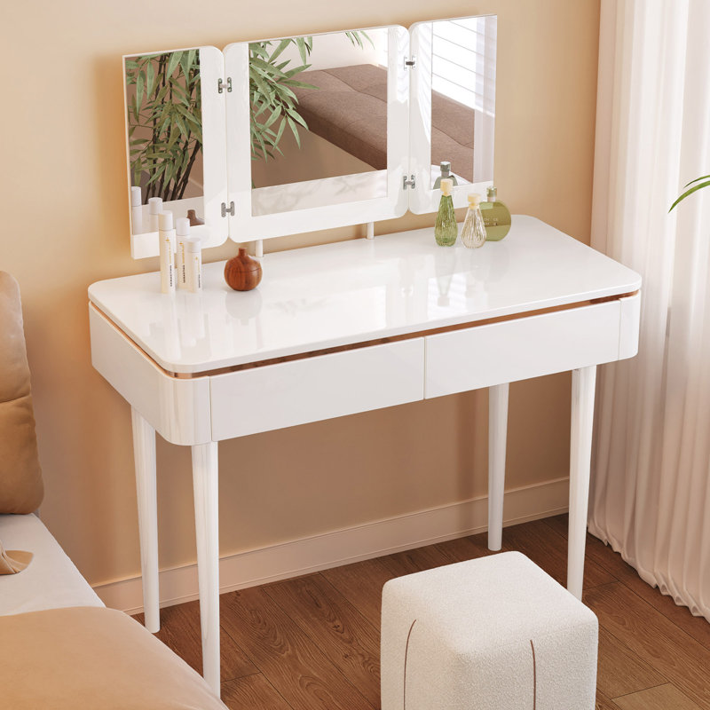 Coiffeuse 39,37 po blanc crème avec miroir à trois volets